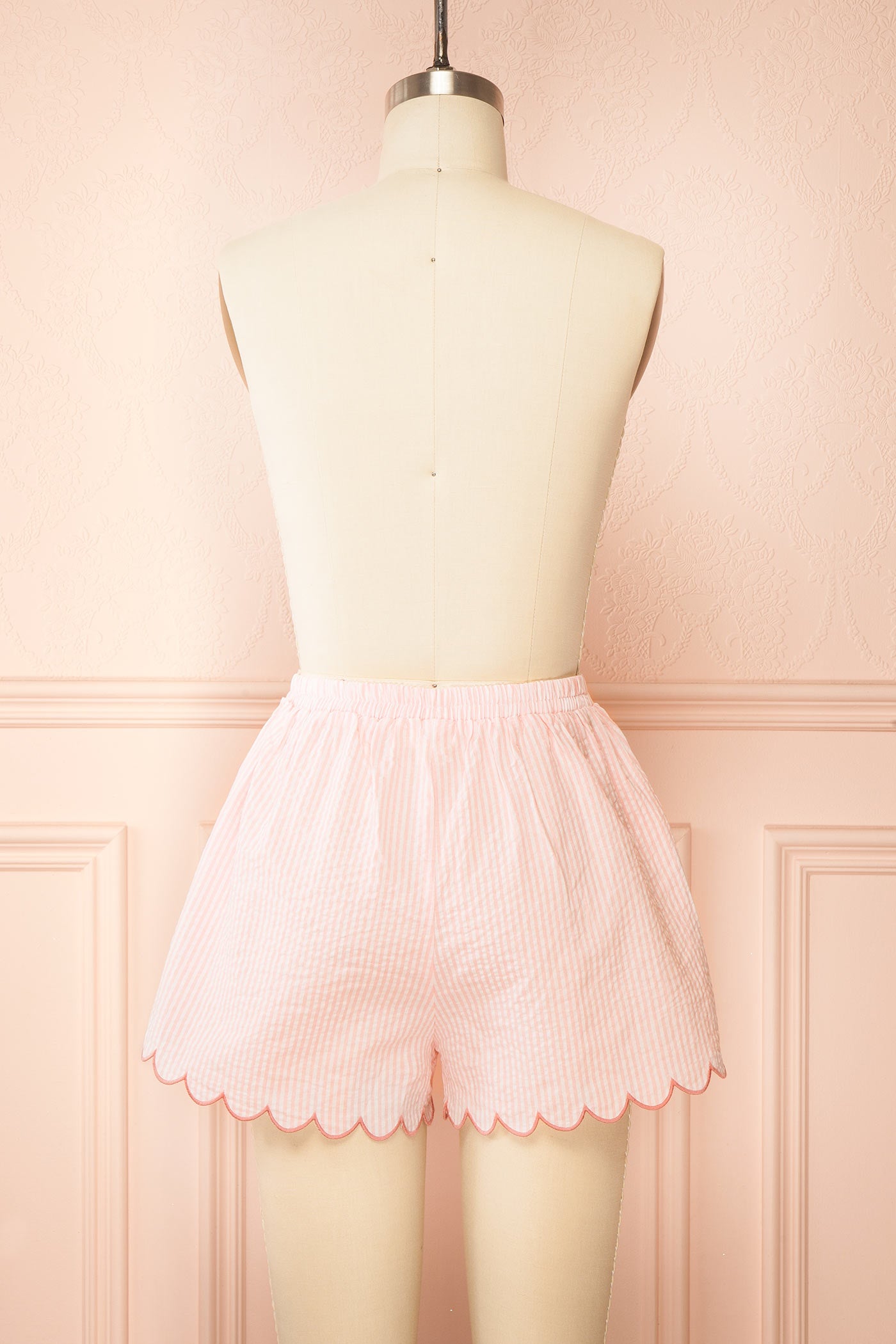 Back view Fineas Pink Embroidered Striped Pajama Shorts with Scalloped Hem at boutique 1861