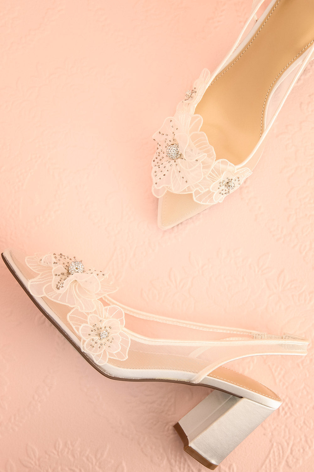 Fionna Bridal Block Heels with Floral Appliqués | Boudoir 1861 flat lay