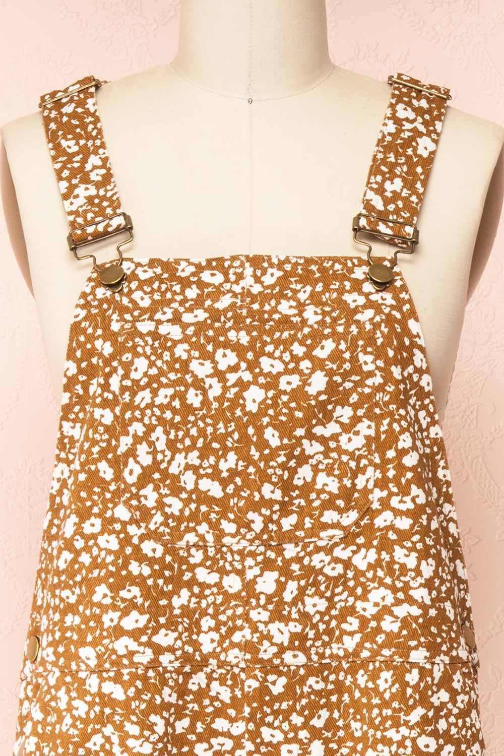 Fionnuala Brown Denim Overalls w/ White Flowers | Boutique 1861 front close-up