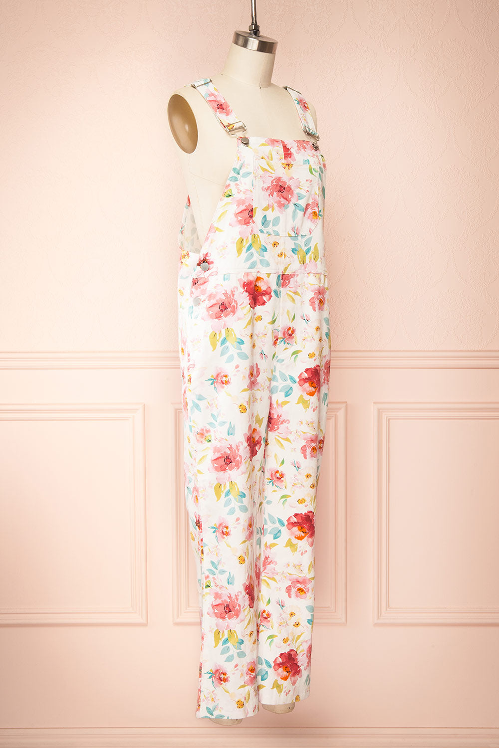 Fionnuala White Floral Denim Overalls | Boutique 1861 side view
