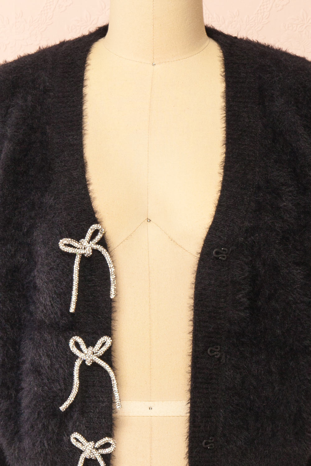 Fitia Fuzzy Black Cardigan w/ Crystal Bows