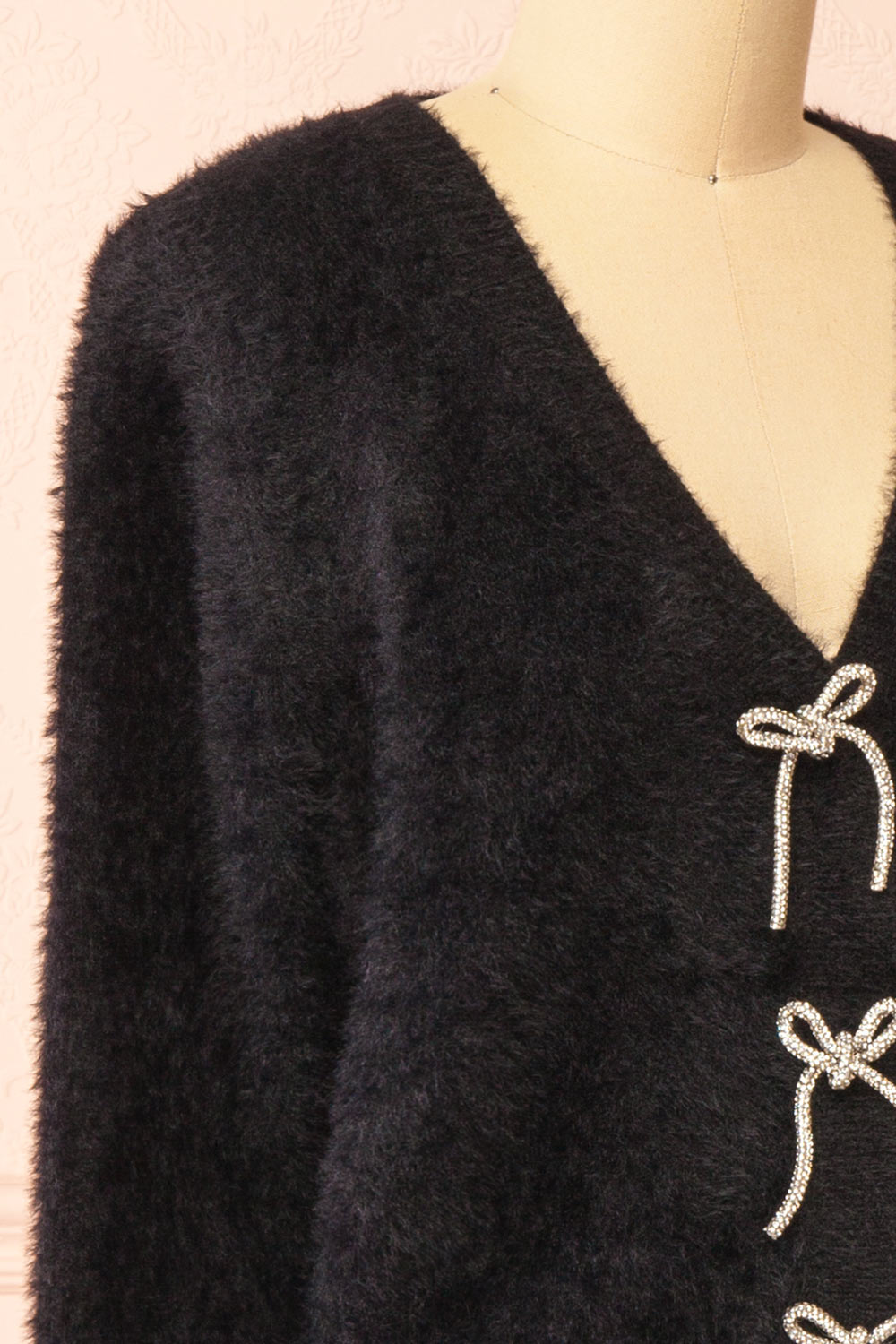 Fitia Fuzzy Black Cardigan w/ Crystal Bows side