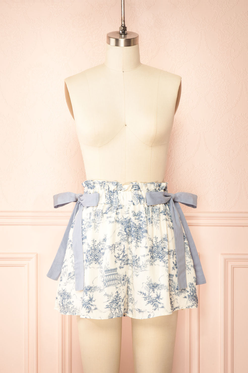 Fitzgerald | Shorts with Ribbons and Blue French Toile Pattern | Front View
