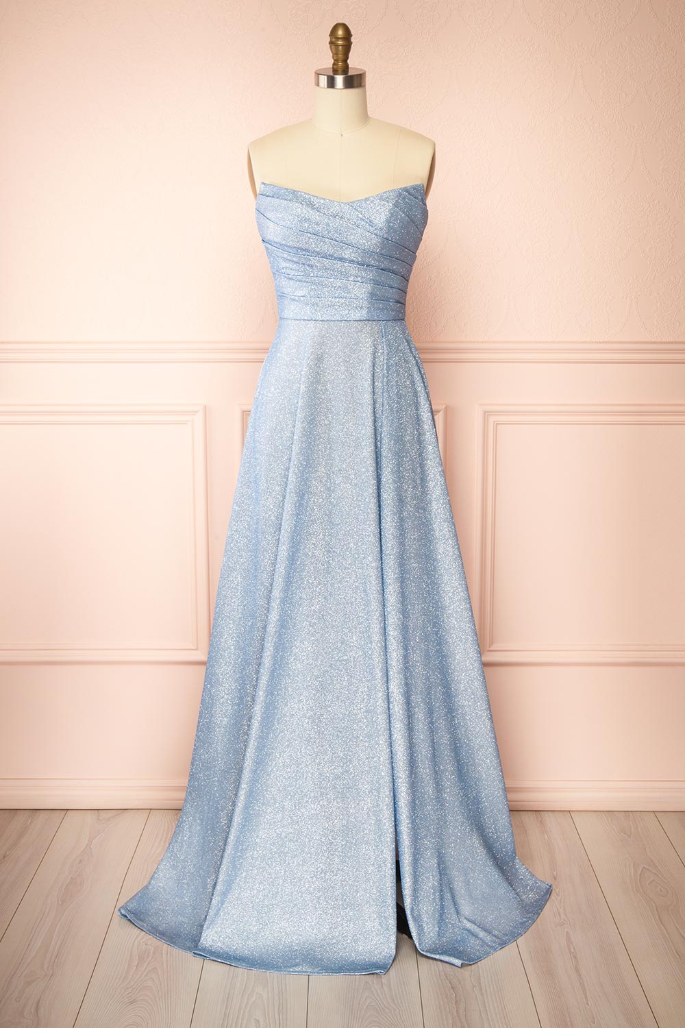Fitzi Light Blue Sparkly Strapless Maxi Dress w/ Slit | Boutique 1861 front view