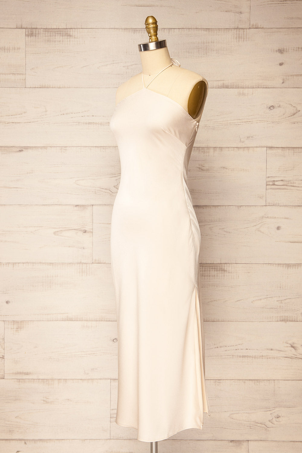 Fladnbury Beige Satin Midi Halter Dress | La petite garçonne side view