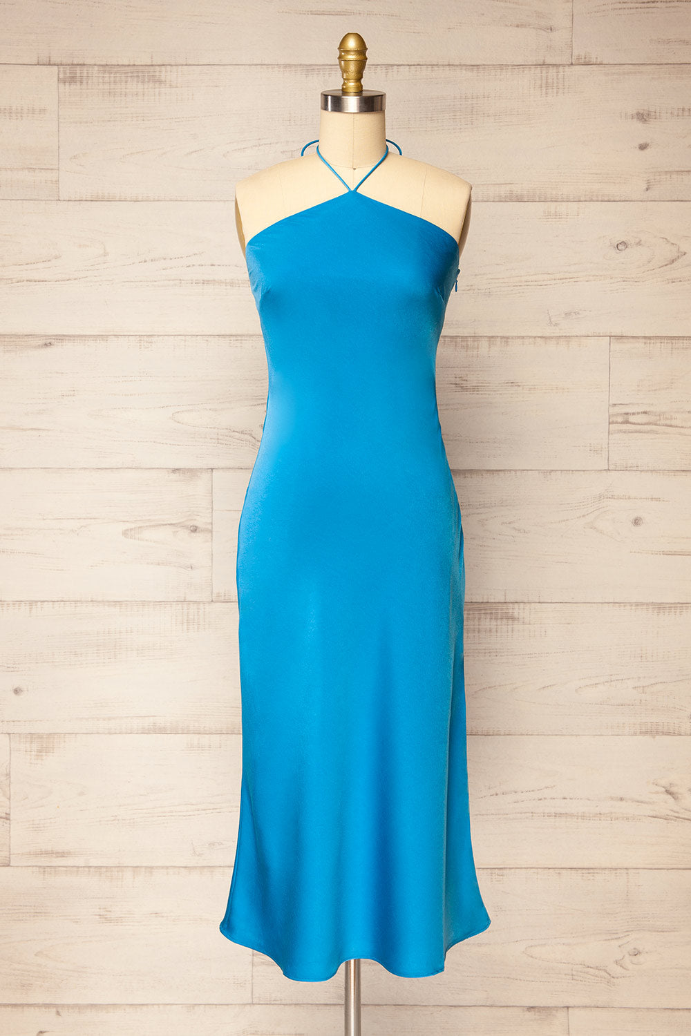 Fladnbury Blue Satin Midi Halter Dress | La petite garçonne front view