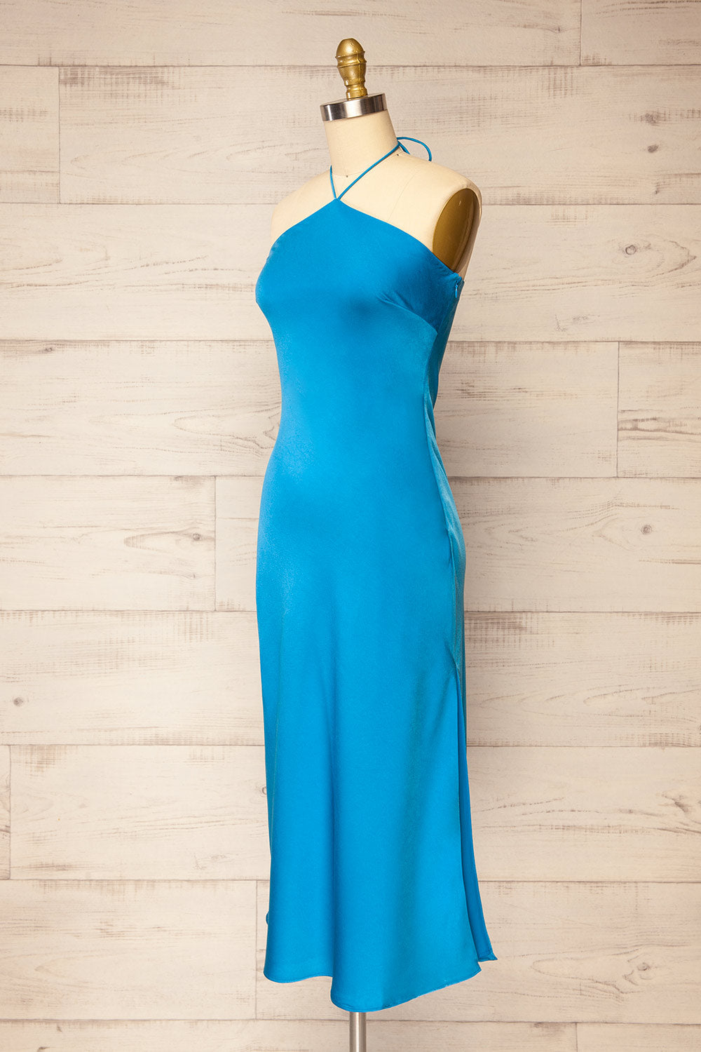 Fladnbury Blue Satin Midi Halter Dress | La petite garçonne side view