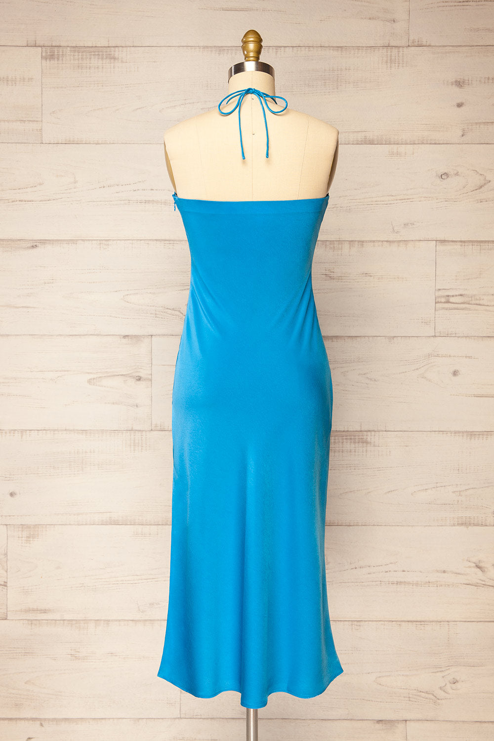 Fladnbury Blue Satin Midi Halter Dress | La petite garçonne back view