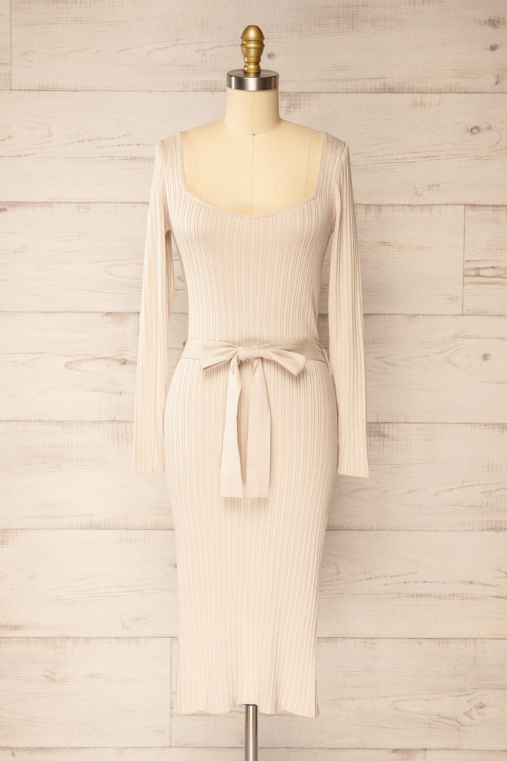 Flamborough Ribbed Beige Midi Dress w/ Belt | La petite garçonne front view