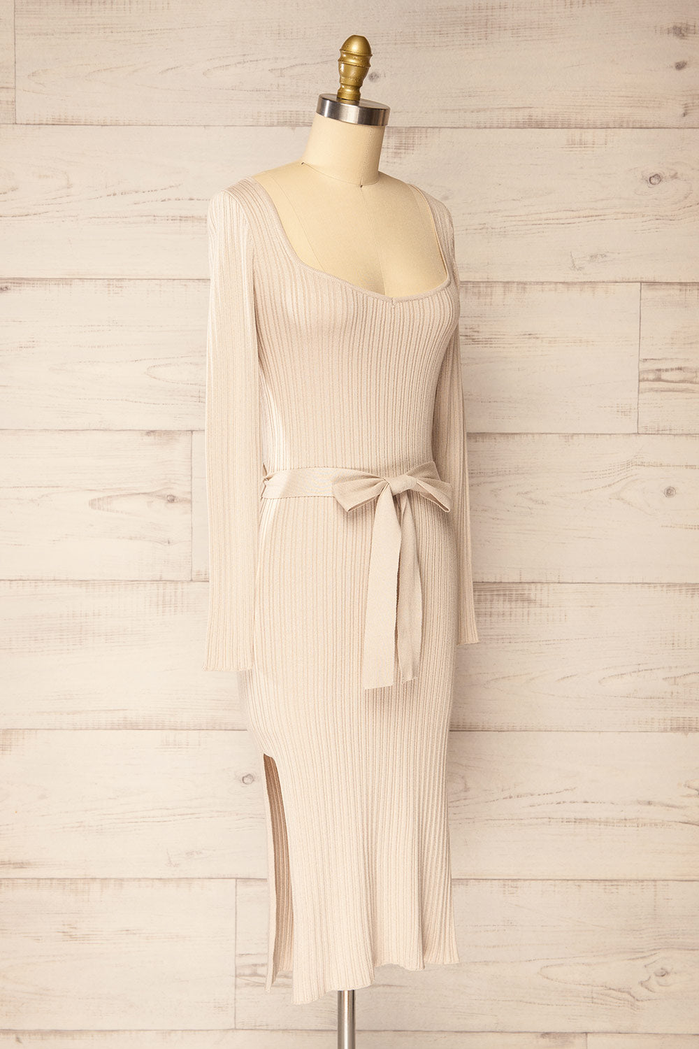 Flamborough Ribbed Beige Midi Dress w/ Belt | La petite garçonne side view