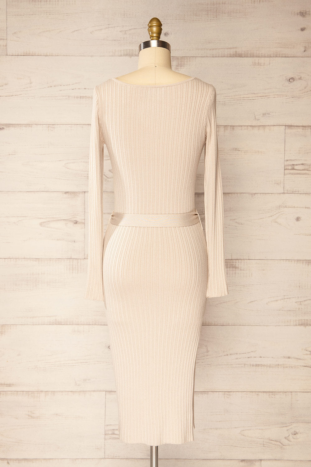 Flamborough Ribbed Beige Midi Dress w/ Belt | La petite garçonne back view