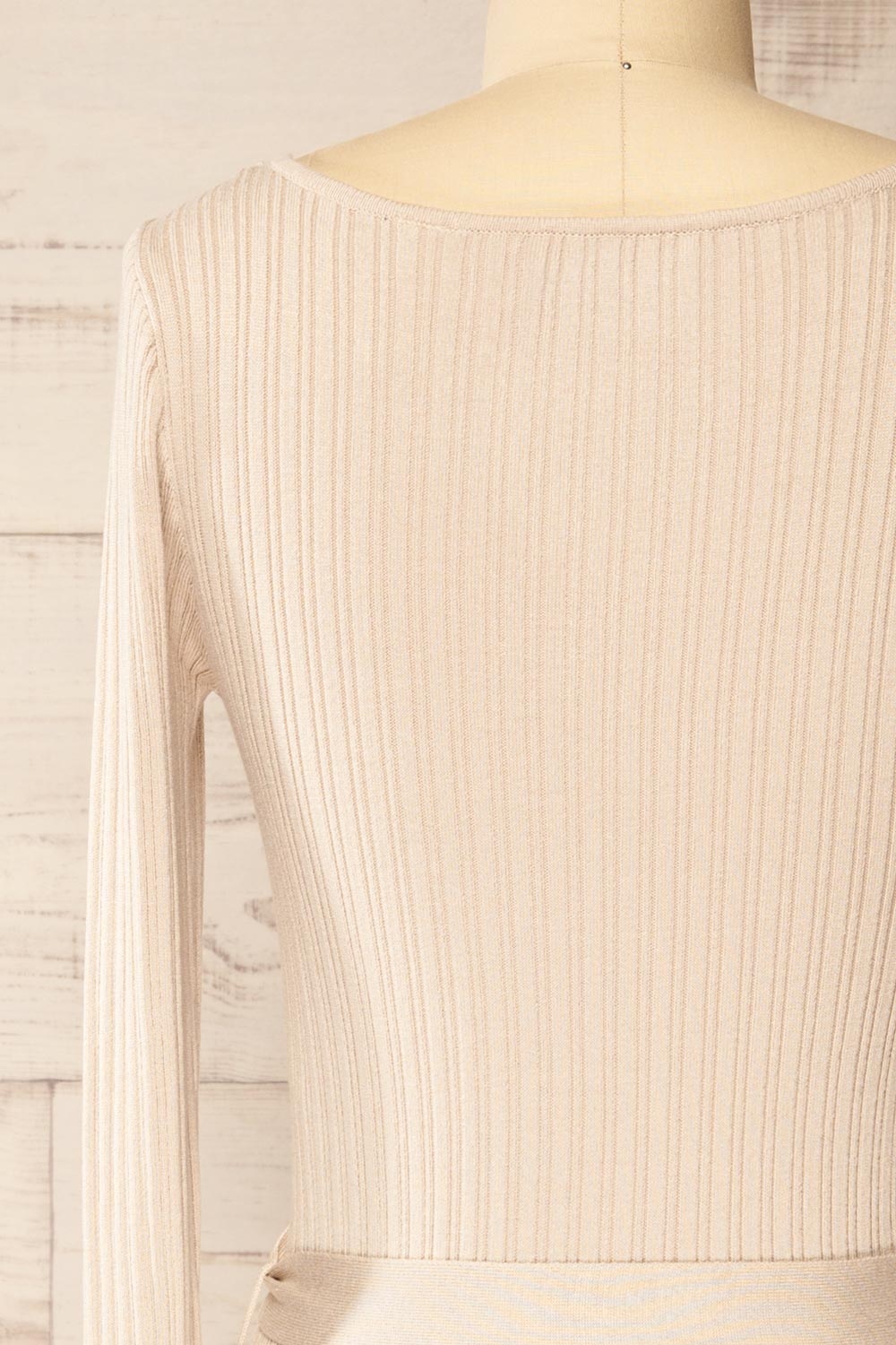 Flamborough Ribbed Beige Midi Dress w/ Belt | La petite garçonne back close-up