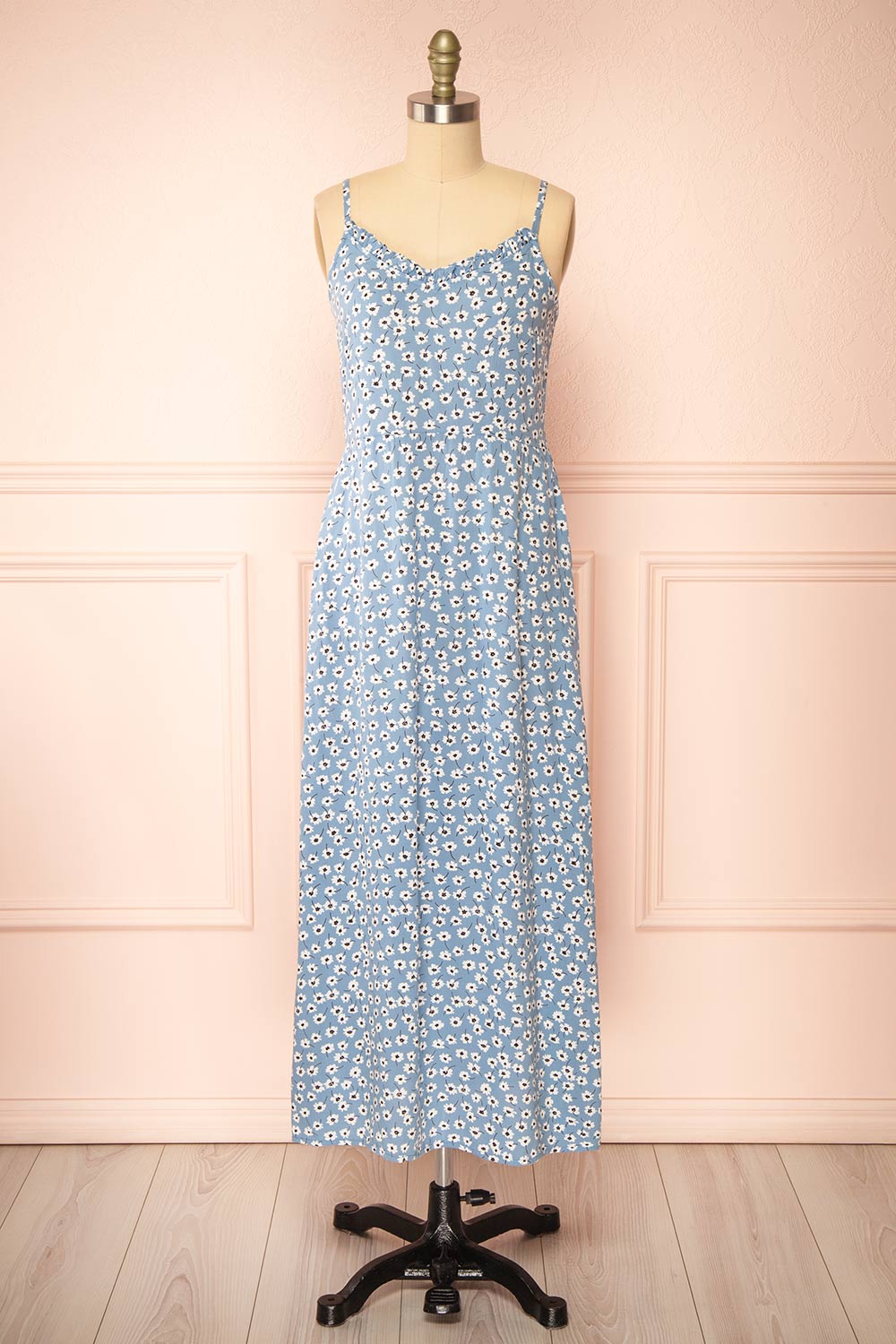 Floranda Blue Floral Midi Dress w/ Ruffles | Boutique 1861 front view