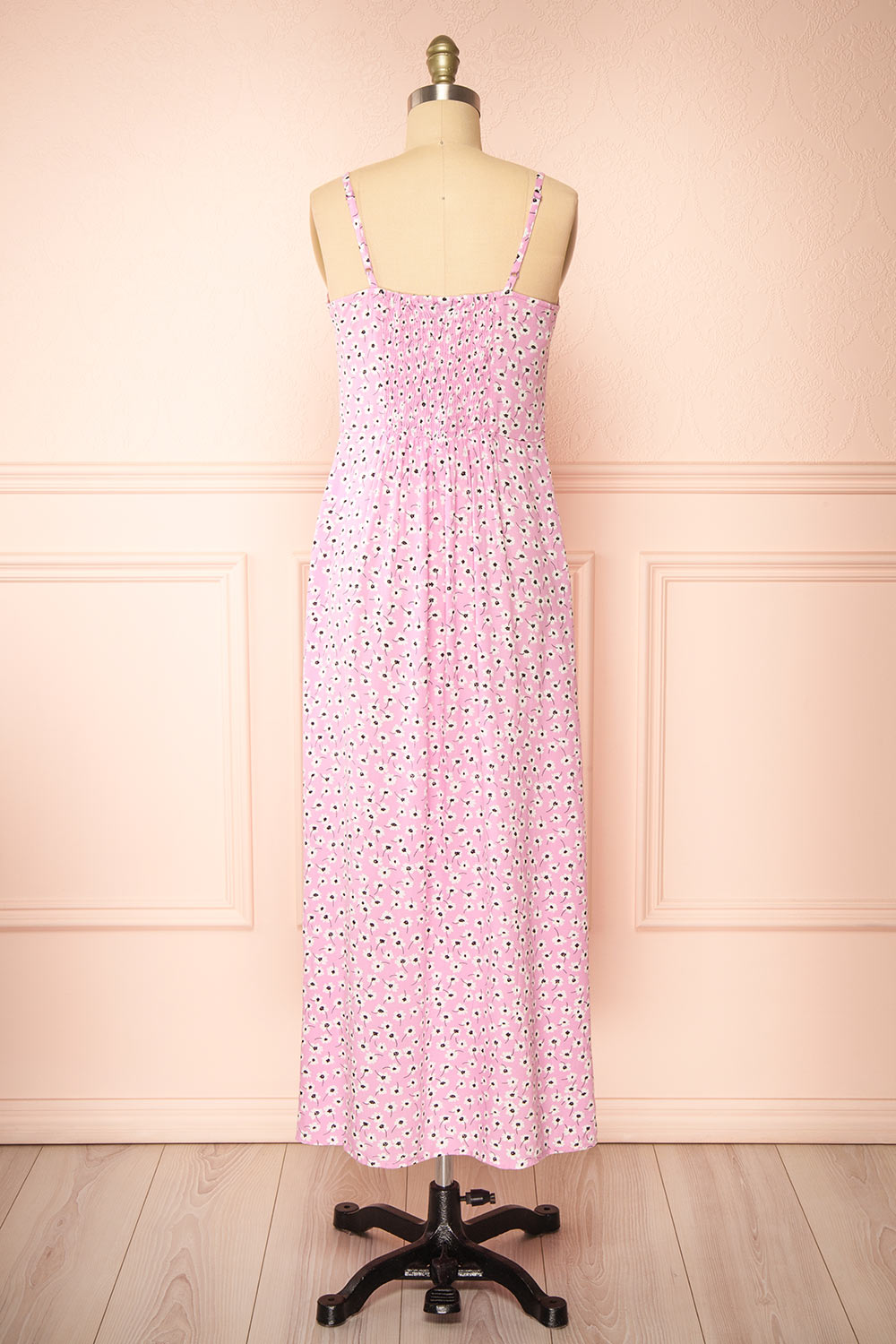 Floranda Pink Floral Midi Dress w/ Ruffles | Boutique 1861 back view