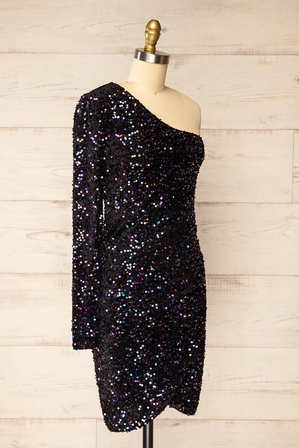 Florange Short Black One Sleeve Sequin Dress | La petite garçonne side view