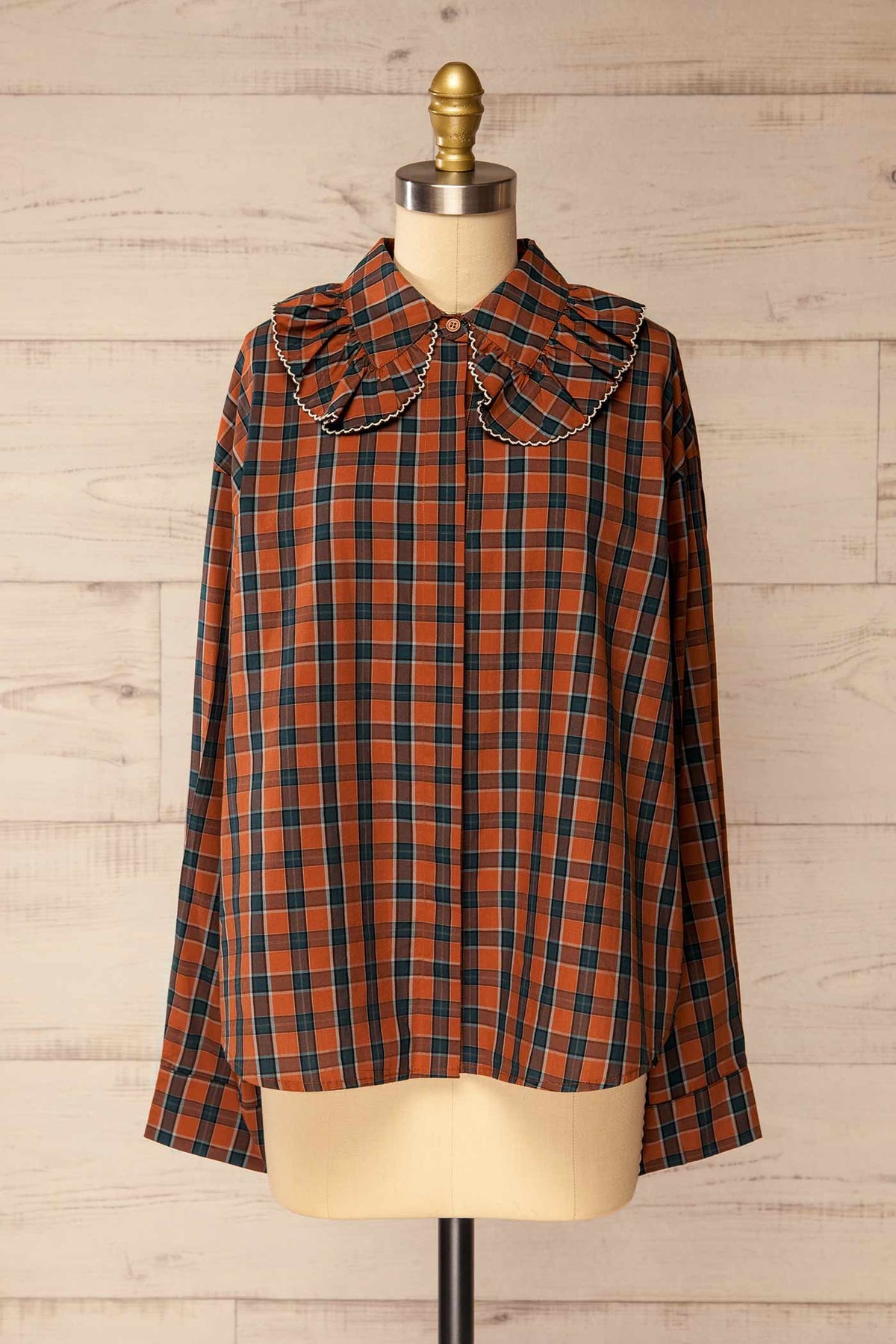 front view of Forillon Orange Plaid Peter Pan Collar Shirt at La petite garçonne
