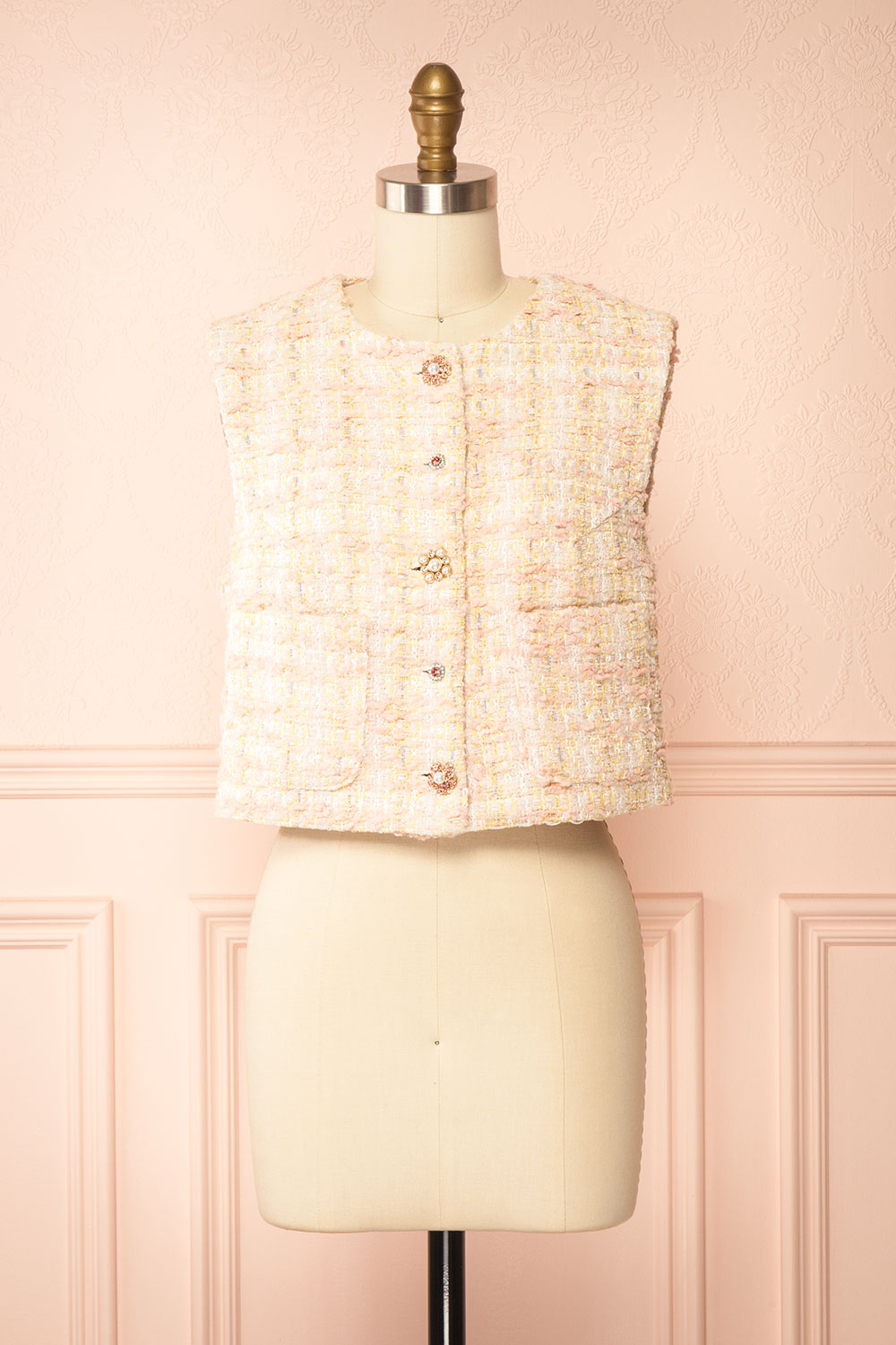 Franca Pink Tweed Sleeveless Top with Buttons | Boutique 1861 front view
