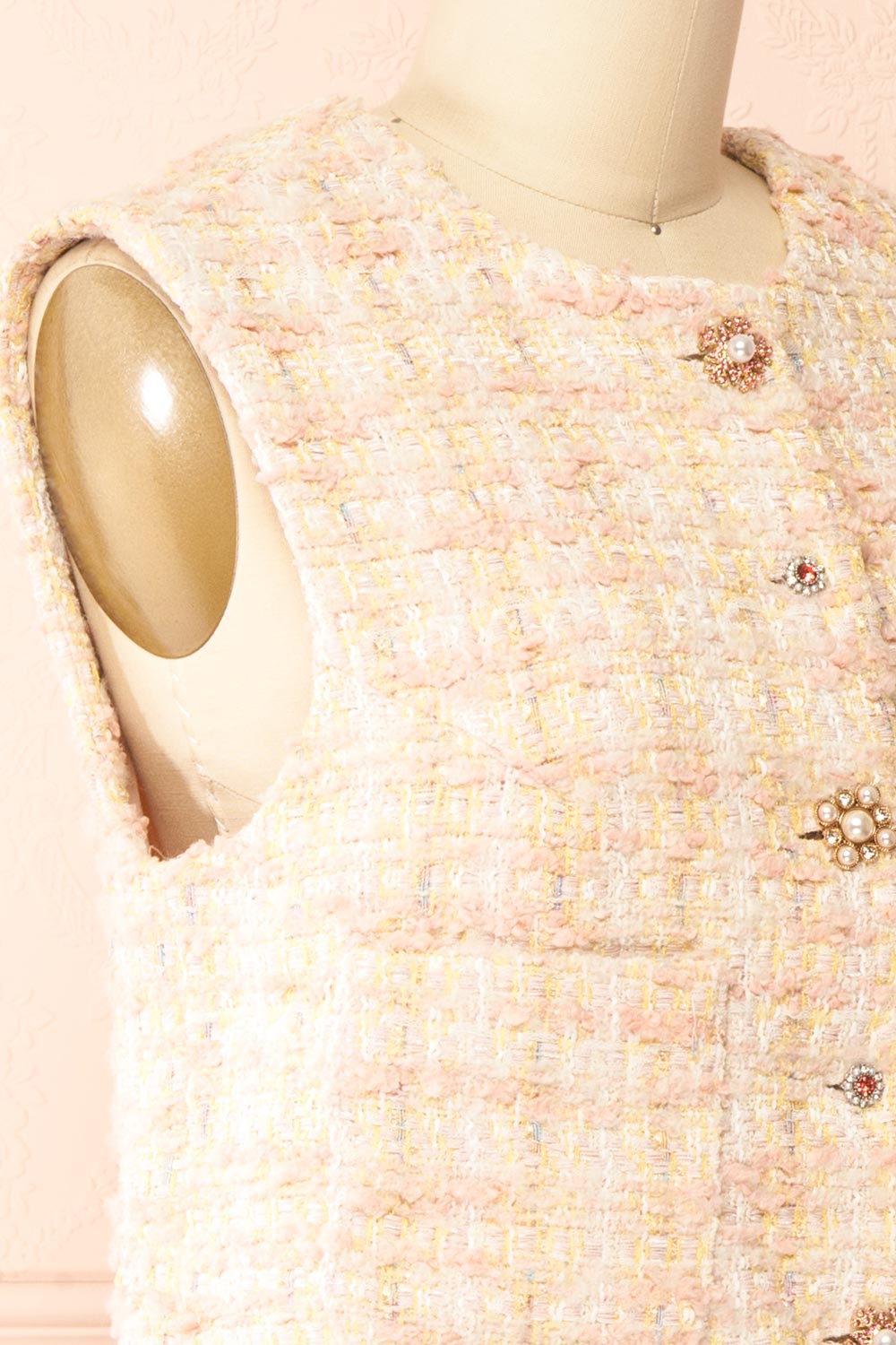 Franca Pink Tweed Sleeveless Top with Buttons | Boutique 1861 side