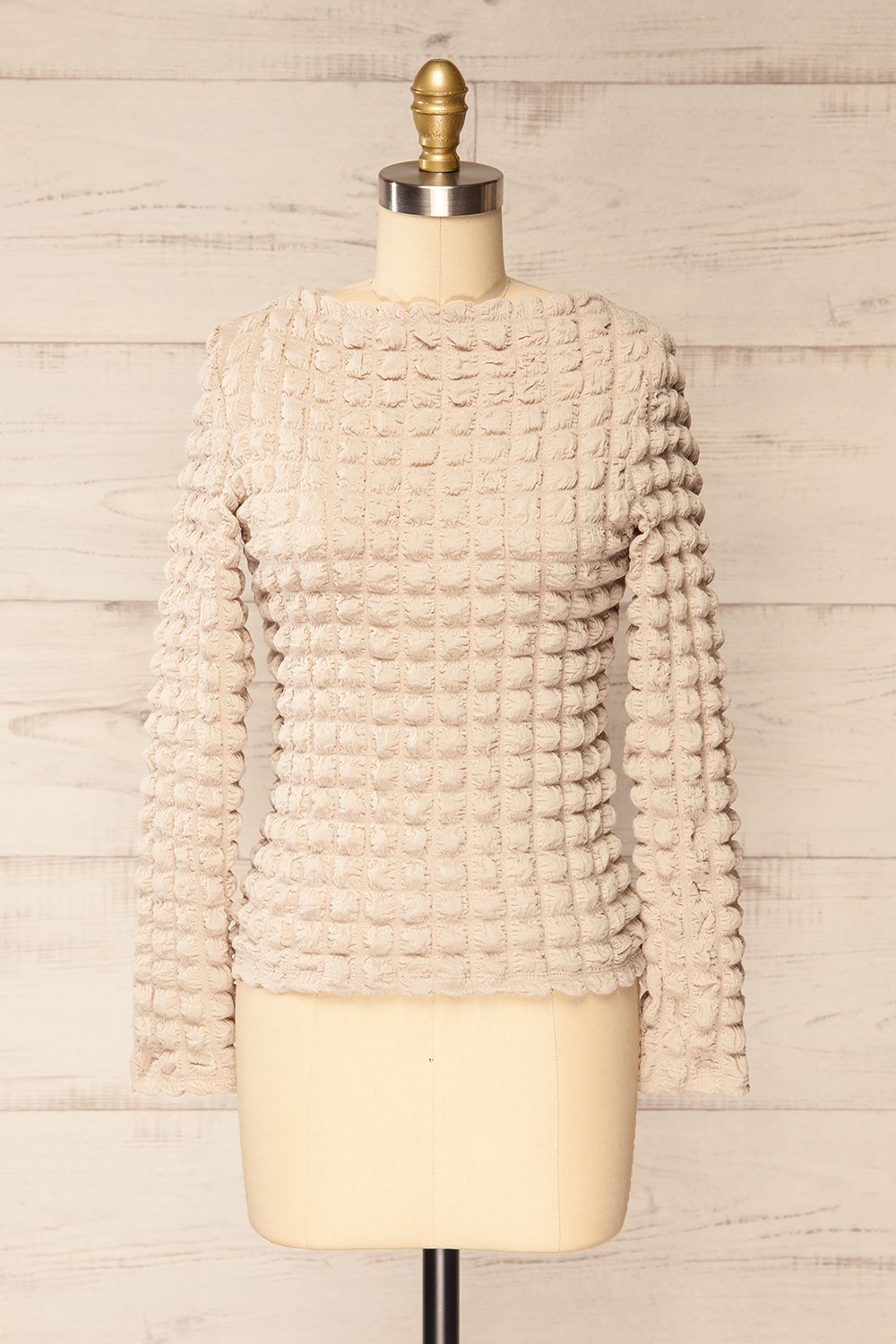 Freada Beige Popcorn Textured Boat-Neck Top | La petite garçonne front view
