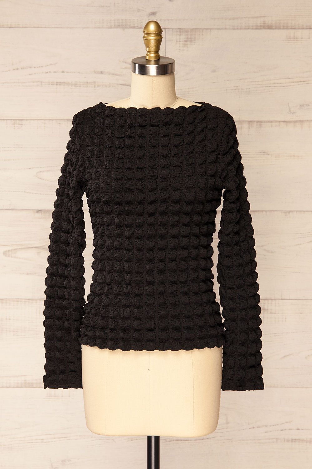 Freada Black Popcorn Textured Boat-Neck Top | La petite garçonne front view