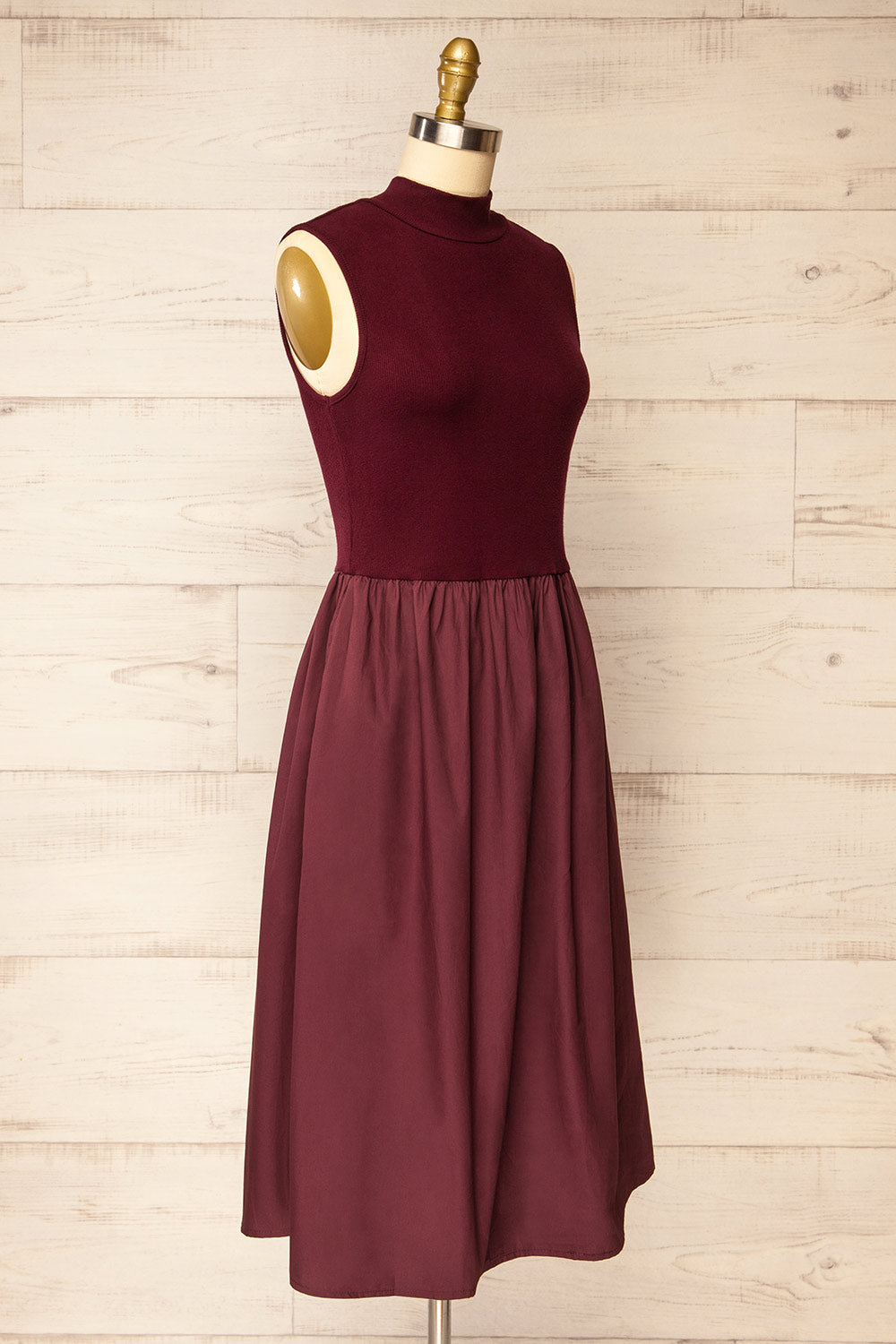 Frell Burgundy Midi Dress w/ Mock Neck | La petite garçonne side view