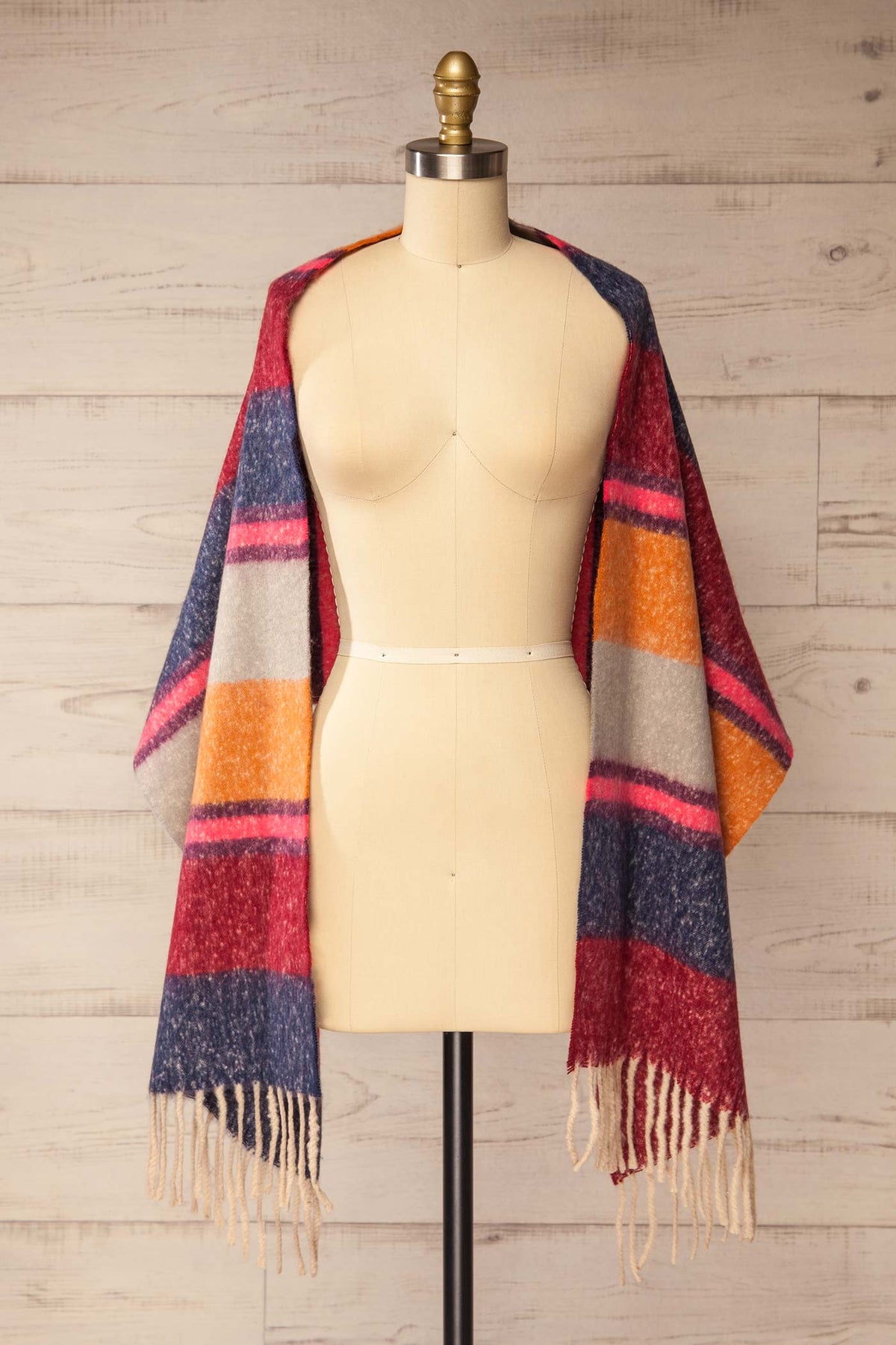 front shawl view of Fridolet Multi-Color Striped Fringed Fuzzy Scarf at La petite garçonne