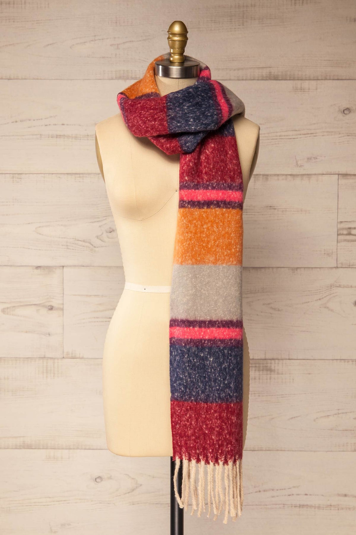 front view of Fridolet Multi-Color Striped Fringed Fuzzy Scarf at La petite garçonne