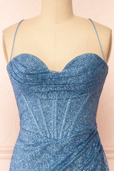 Frosti Blue Grey Sparkly Cowl Neck Maxi Dress | Boutique 1861 front