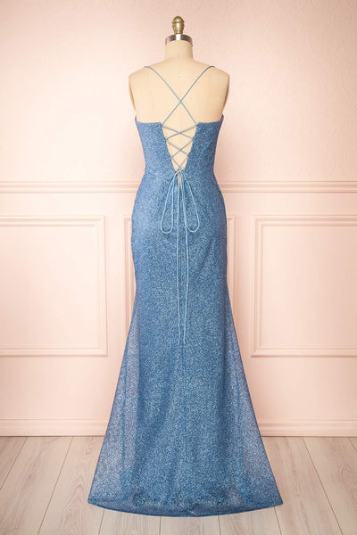 Frosti Blue Grey Sparkly Cowl Neck Maxi Dress | Boutique 1861 back view