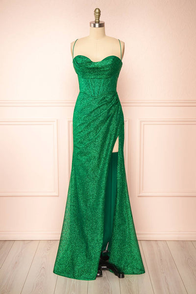 Frosti Green Sparkly Cowl Neck Maxi Dress | Boutique 1861 front view