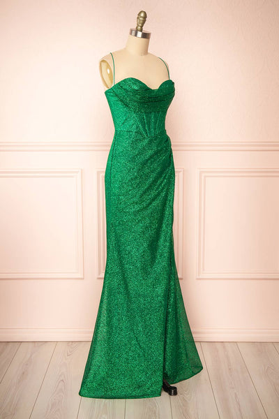 Frosti Green Sparkly Cowl Neck Maxi Dress | Boutique 1861 side view