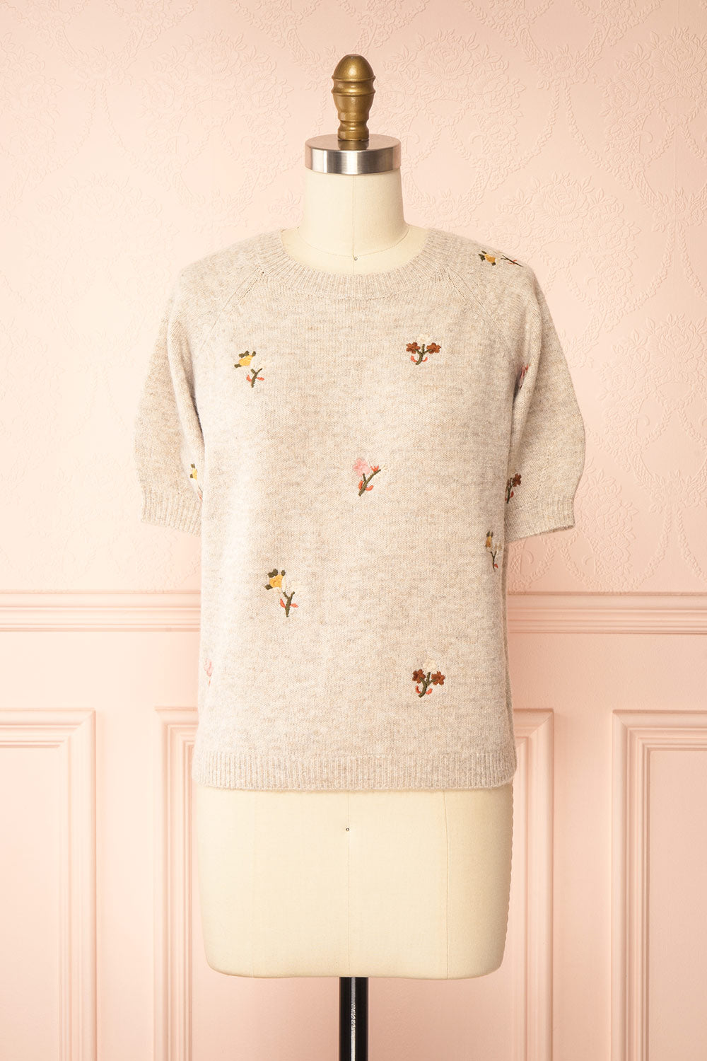 Furiosa Beige Knit Top with Embroidered Flowers | Boutique 1861 front view