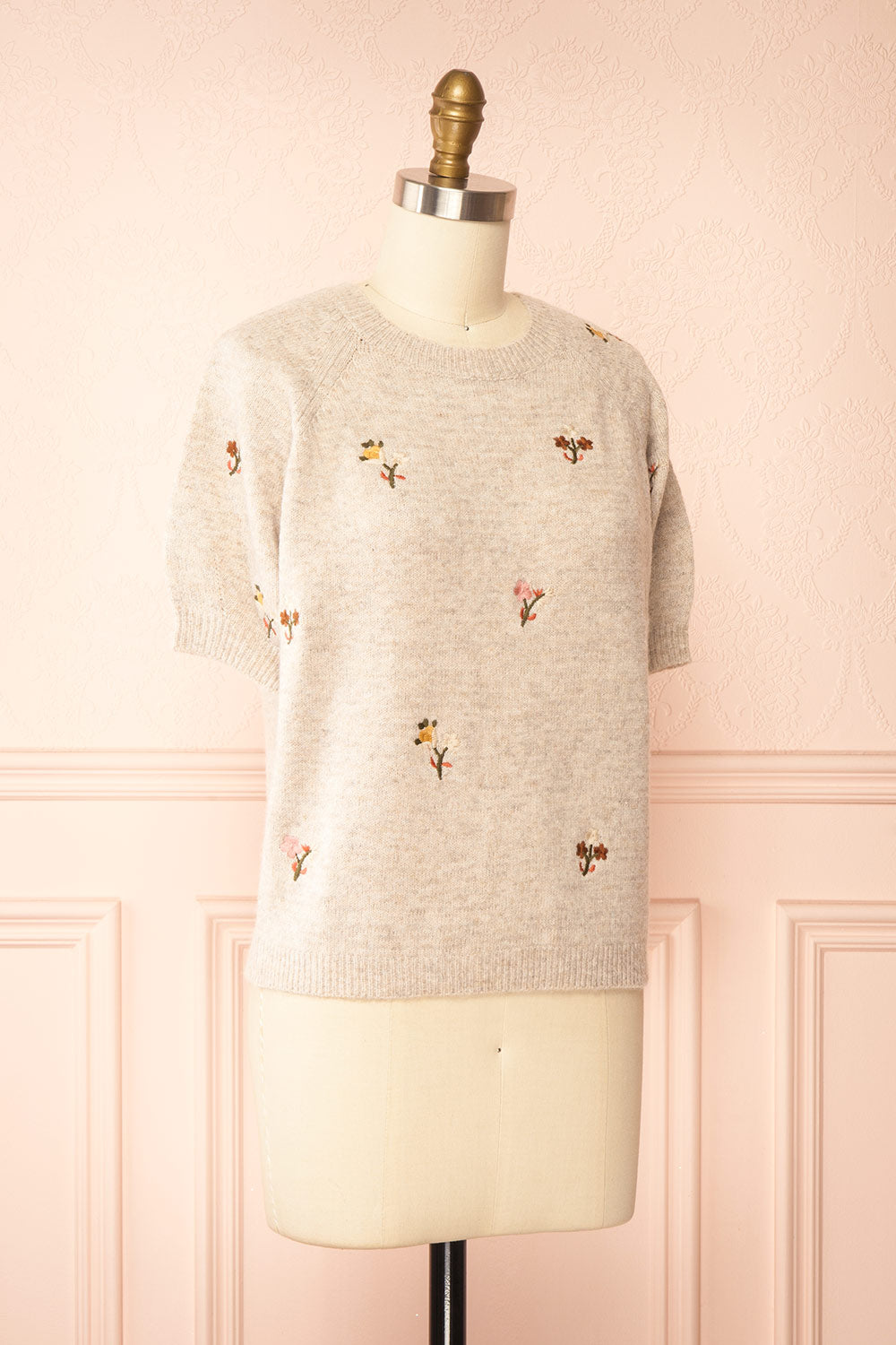 Furiosa Beige Knit Top with Embroidered Flowers | Boutique 1861 side view