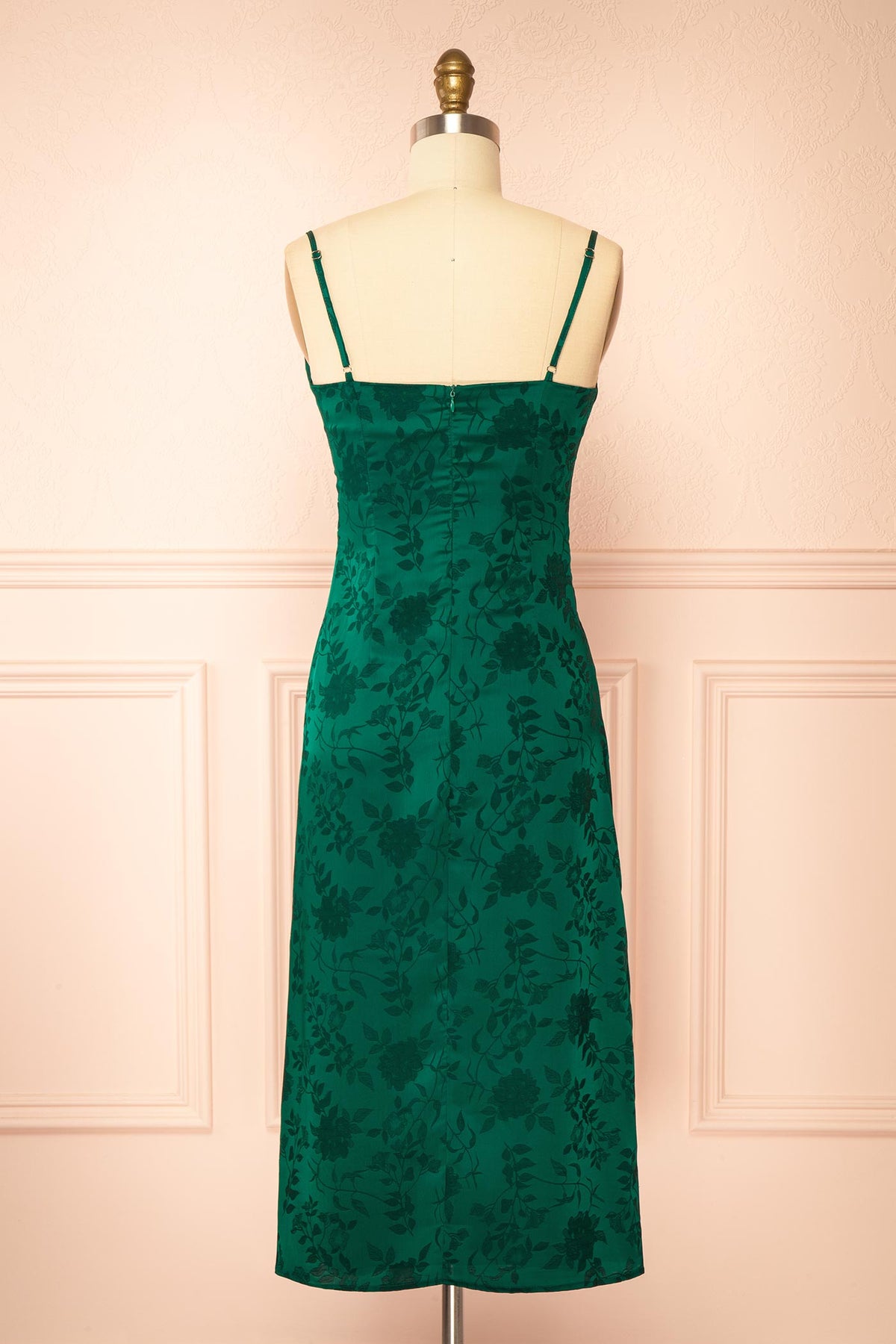 back view of Fyra Green Cowl Neck Satin Jacquard Midi Dress at Boutique 1861