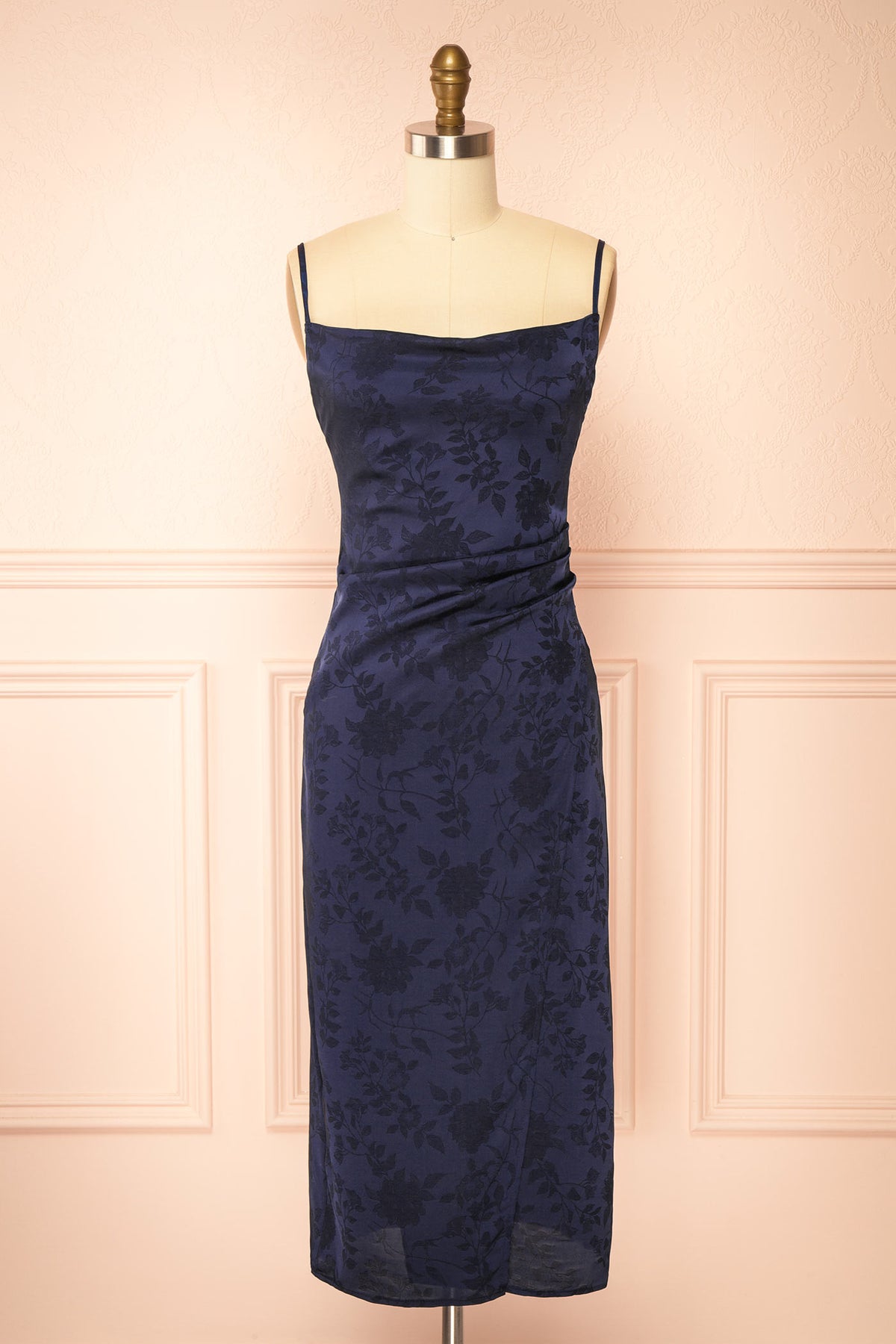 front view of Fyra Navy Cowl Neck Satin Jacquard Midi Dress at Boutique 1861