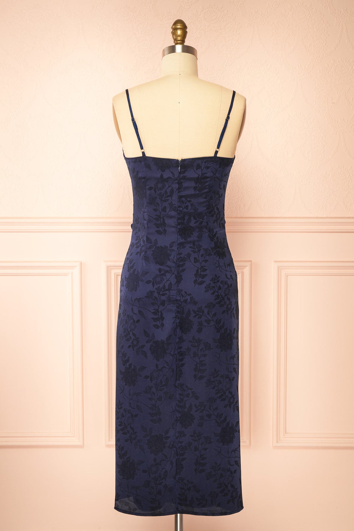 back view of Fyra Navy Cowl Neck Satin Jacquard Midi Dress at Boutique 1861