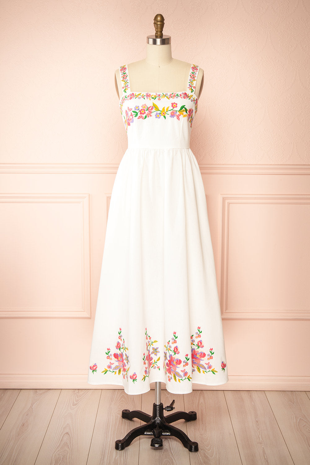 Gabryelle Long Ivory Dress w/ Colorful Embroideries | Boutique 1861 front view
