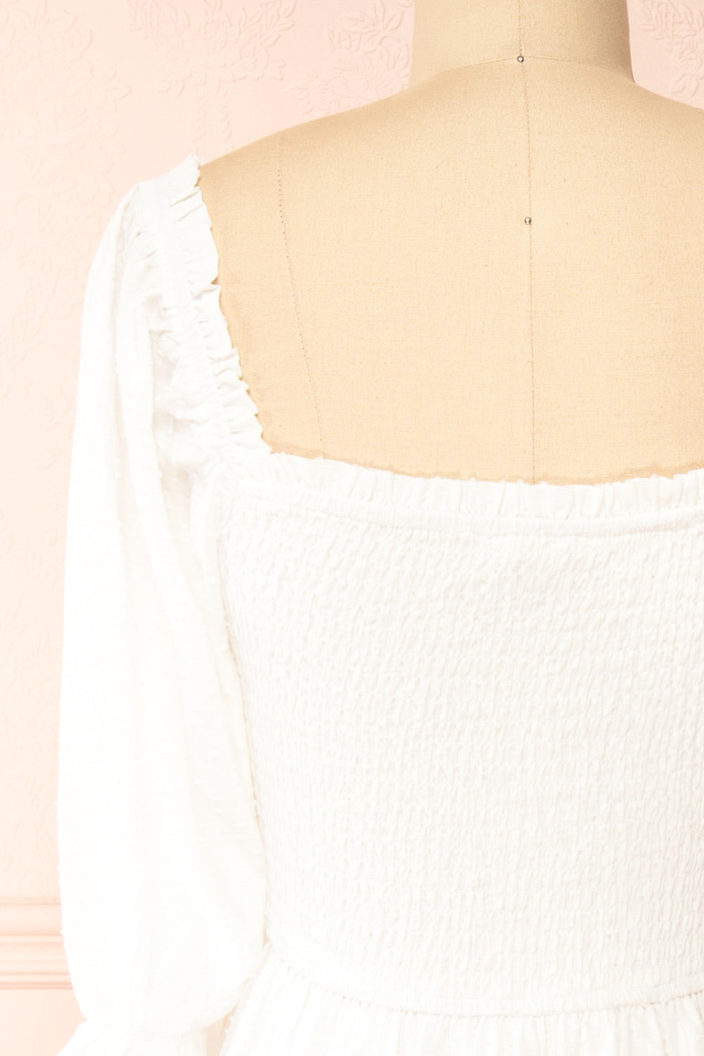 Galadriel White Midi Dress w/ Ruched Bust | Boutique 1861  back close-up