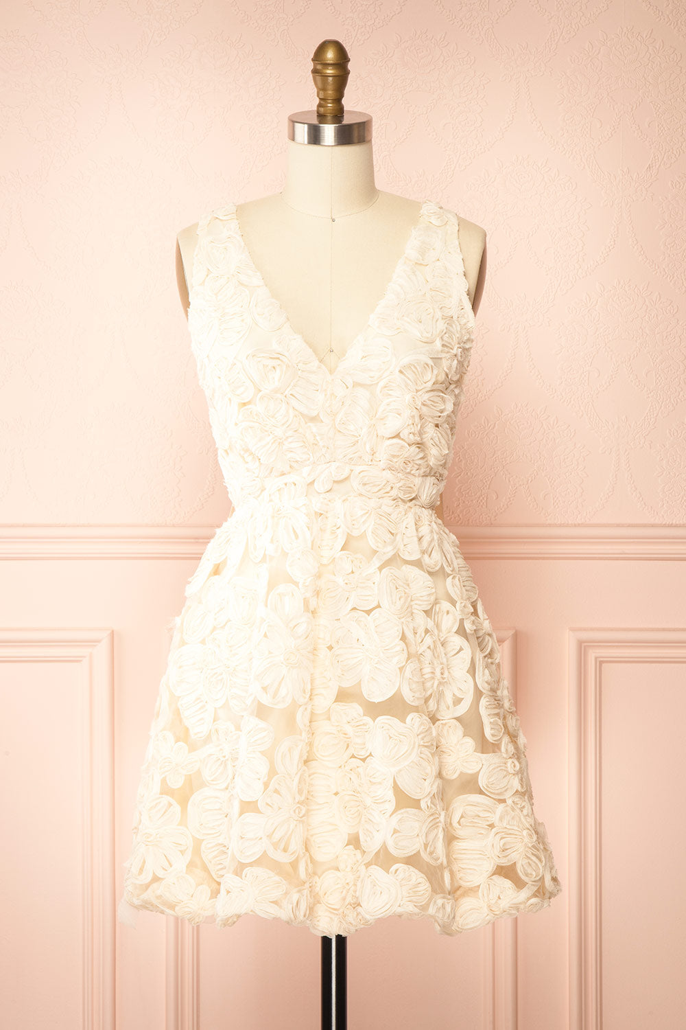 Gamatene Short Mesh Dress w/ Chiffon Floral Embroidery | Boutique 1861 front view