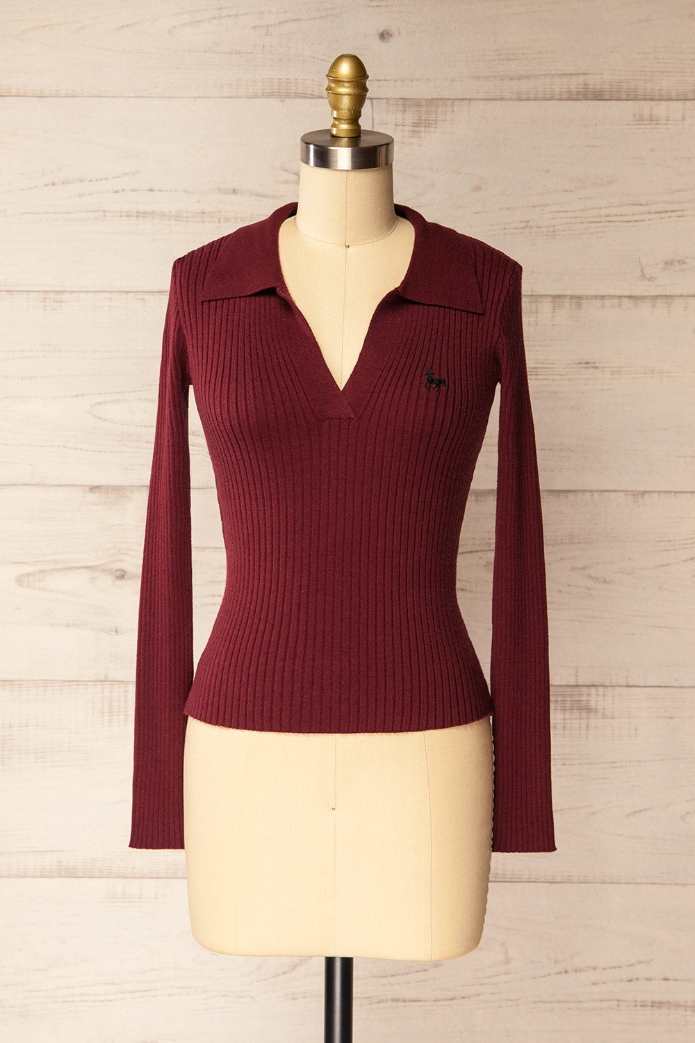 Gatton Burgundy Long Sleeve Collared Knit Top | La petite garçonne front view