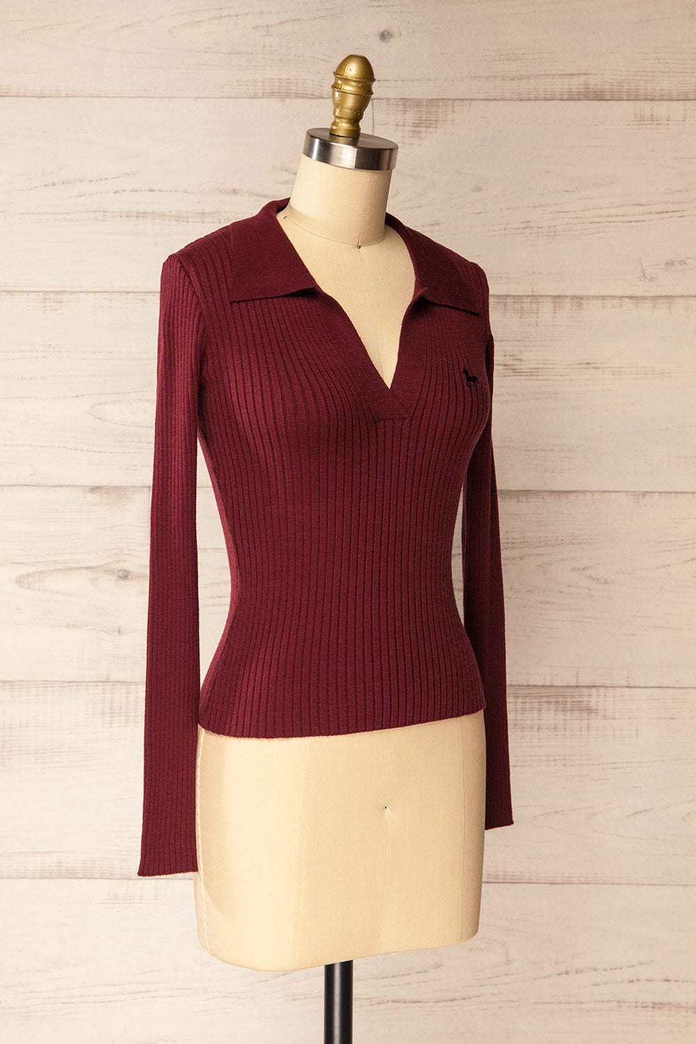 Gatton Burgundy Long Sleeve Collared Knit Top | La petite garçonne side view