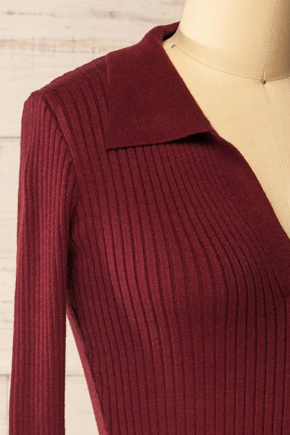Gatton Burgundy Long Sleeve Collared Knit Top | La petite garçonne side