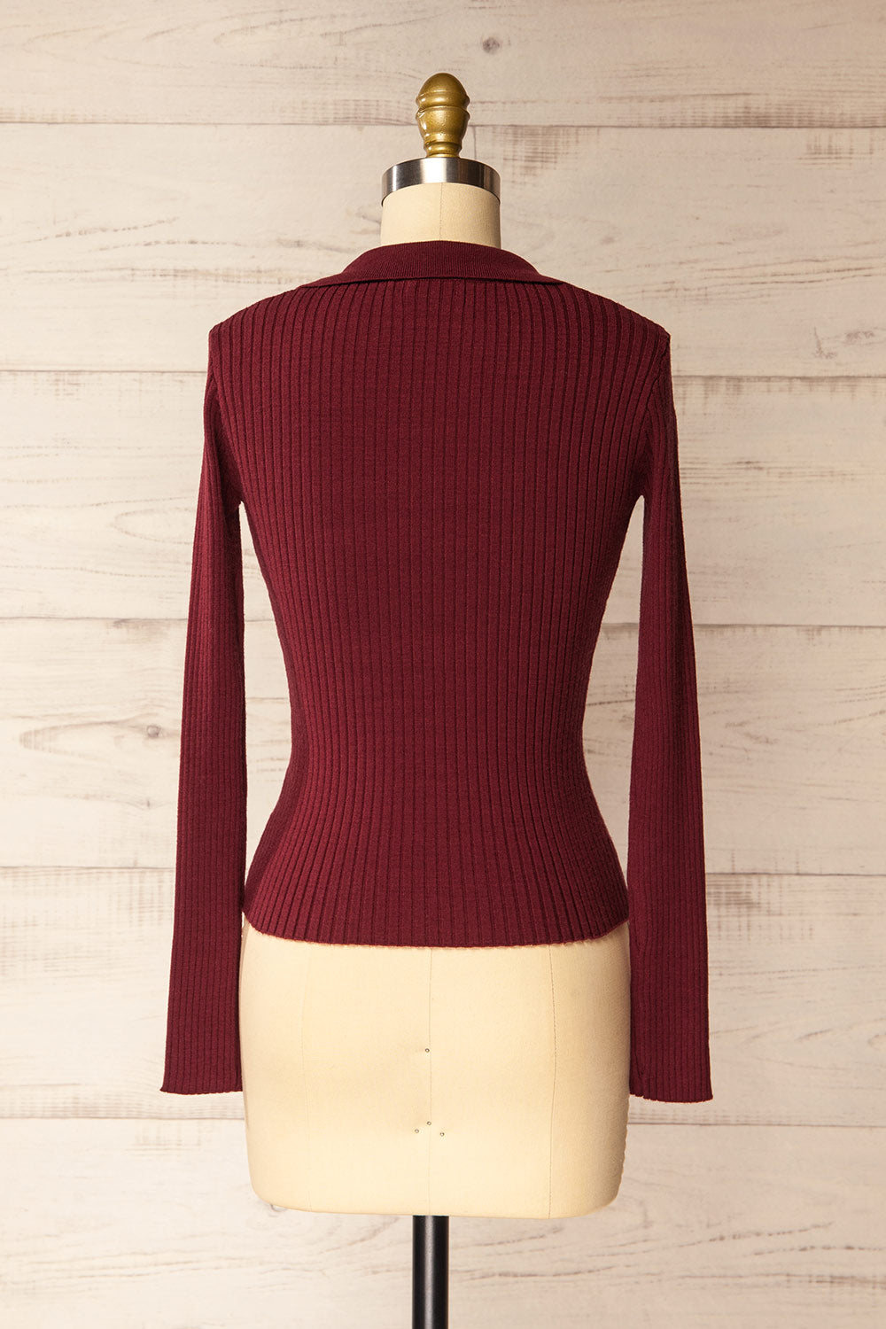Gatton Burgundy Long Sleeve Collared Knit Top | La petite garçonne back view