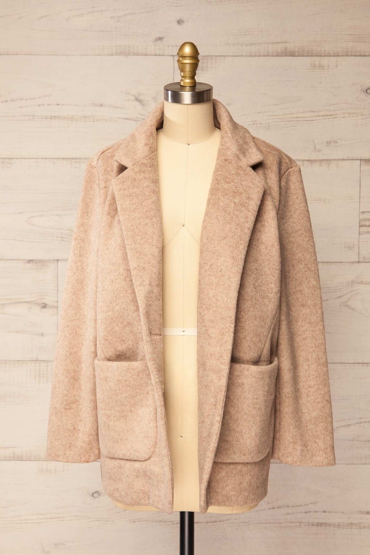 front view of Geelong Oversize Beige Blazer Jacket with Patch Pockets open at La petite garçonne