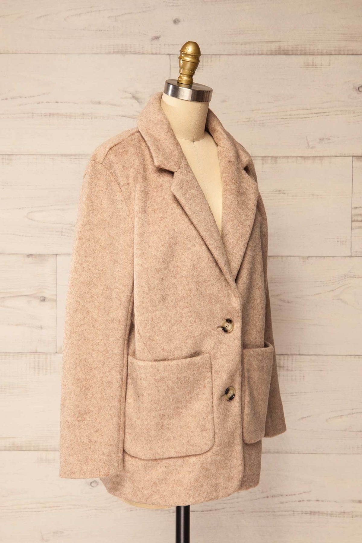 side view of Geelong Oversize Beige Blazer Jacket with Patch Pockets at La petite garçonne