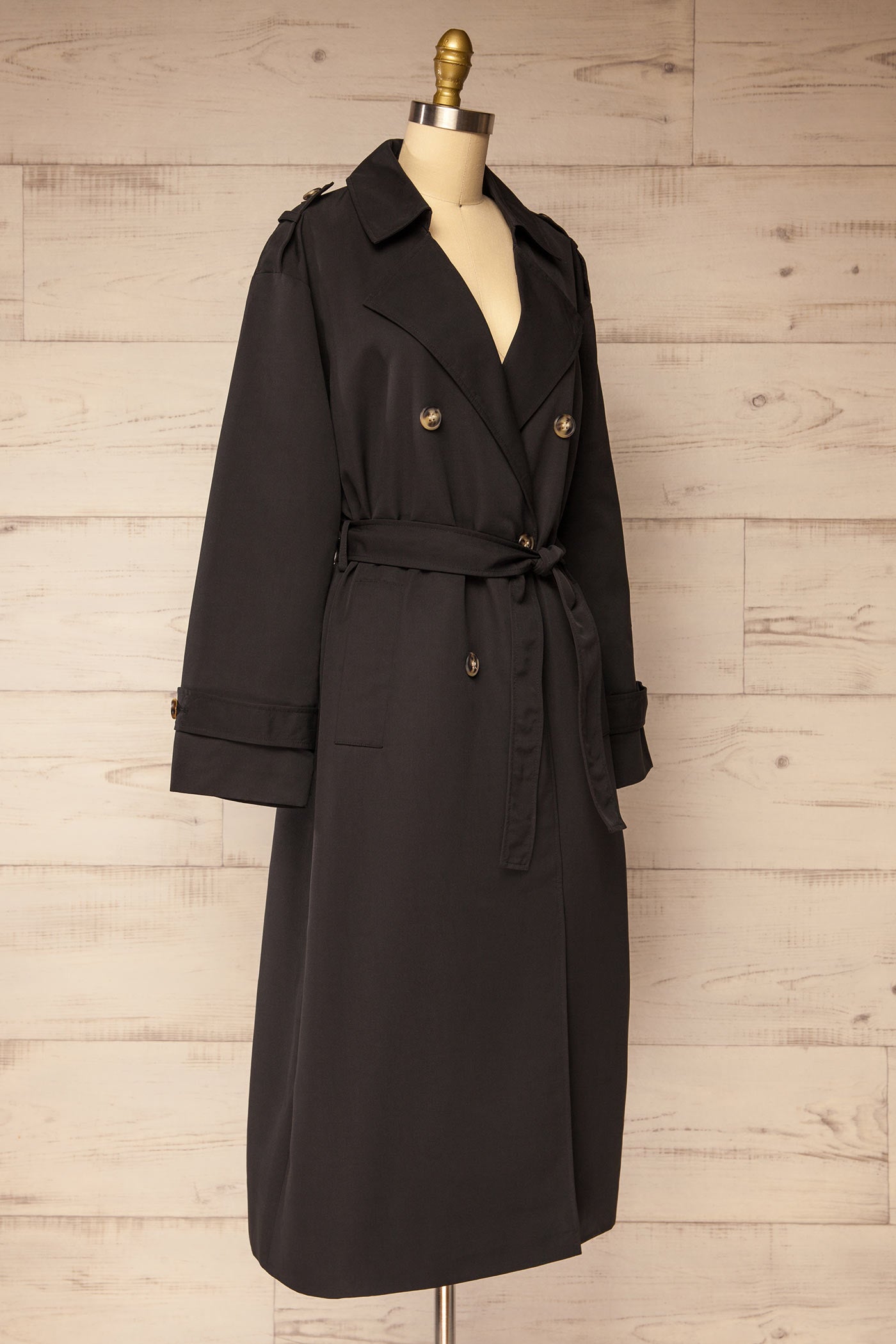 side view Gembloux Black Double Breasted Trench Coat at La petite garçonne