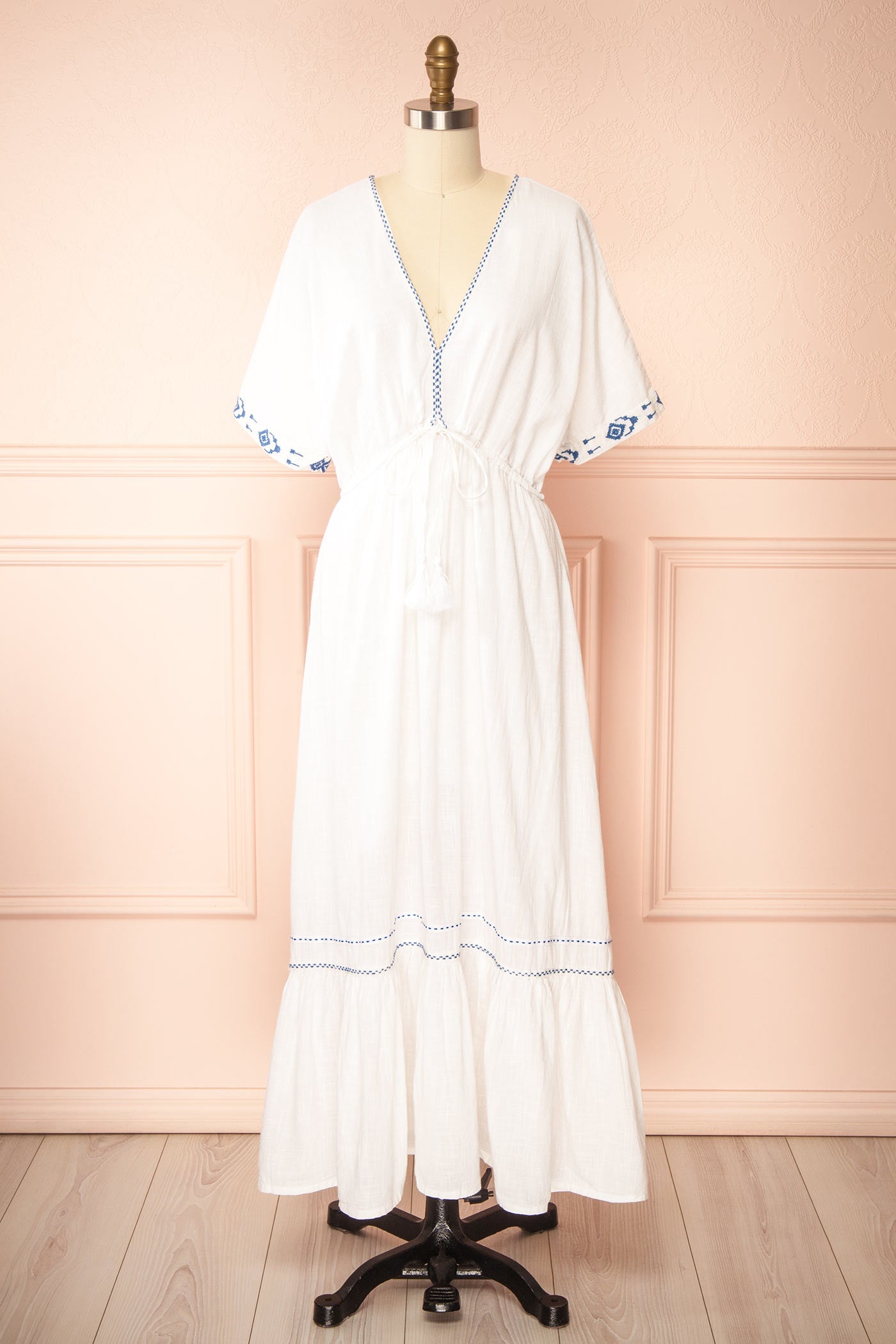 Frontview Georgette Embroidered White V-Neck Maxi Dress with Tassel Tie at boutique 1861