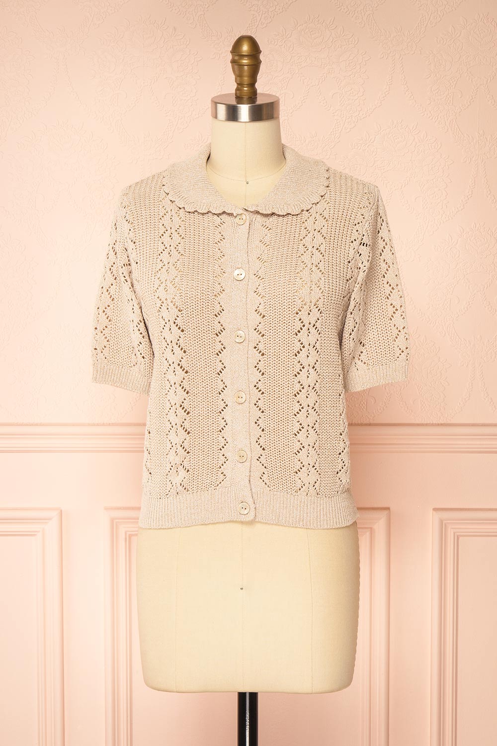 Gertie Beige Openwork Short Sleeve Cardigan | Boutique 1861 front view