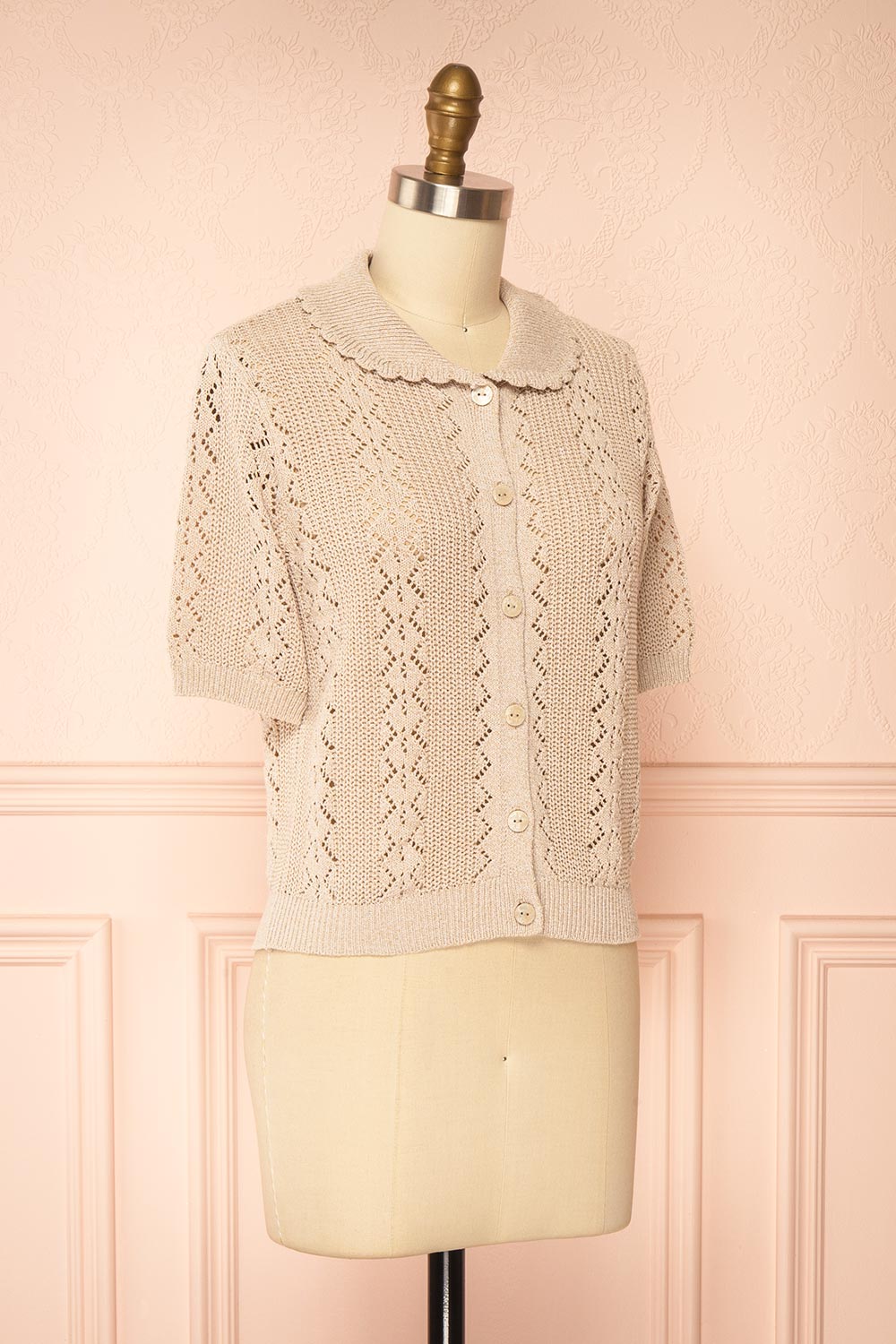 Gertie Beige Openwork Short Sleeve Cardigan | Boutique 1861 side view