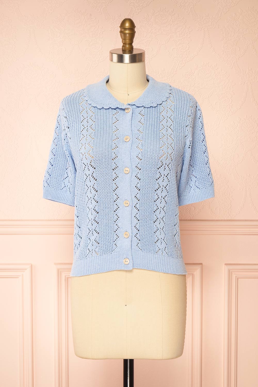 Gertie Blue Openwork Short Sleeve Cardigan | Boutique 1861 front view